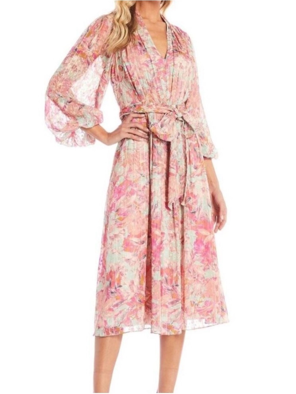 Alex Marie Pink Floral Midi Wrap Dress with Puff Sleeves